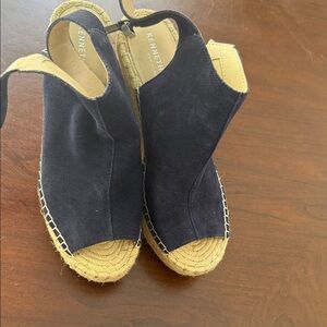 Kenneth Cole Navy Suede Espadrille Wedge Sandals with Jute Platform